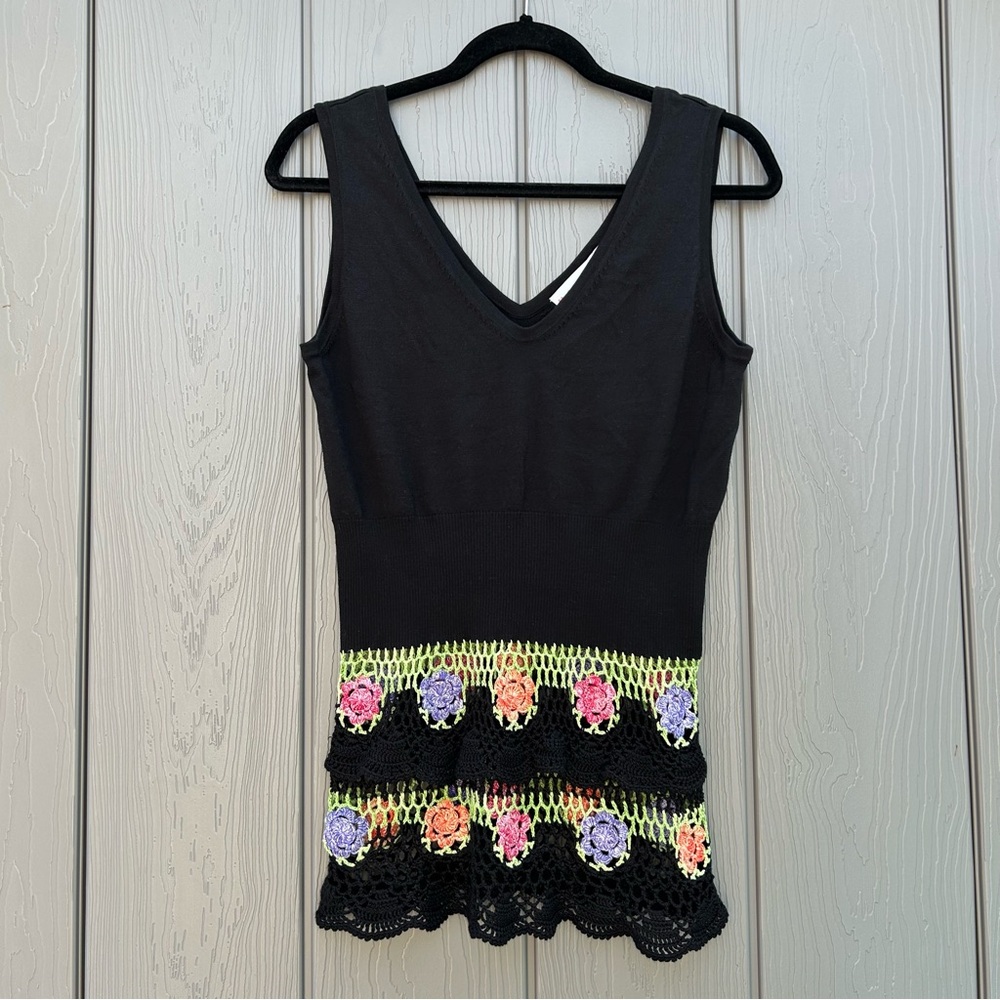 Y2K Hot Mustard Silk Top Floral Crochet Bottom V-neck Sleeveless Cottagecore VTG